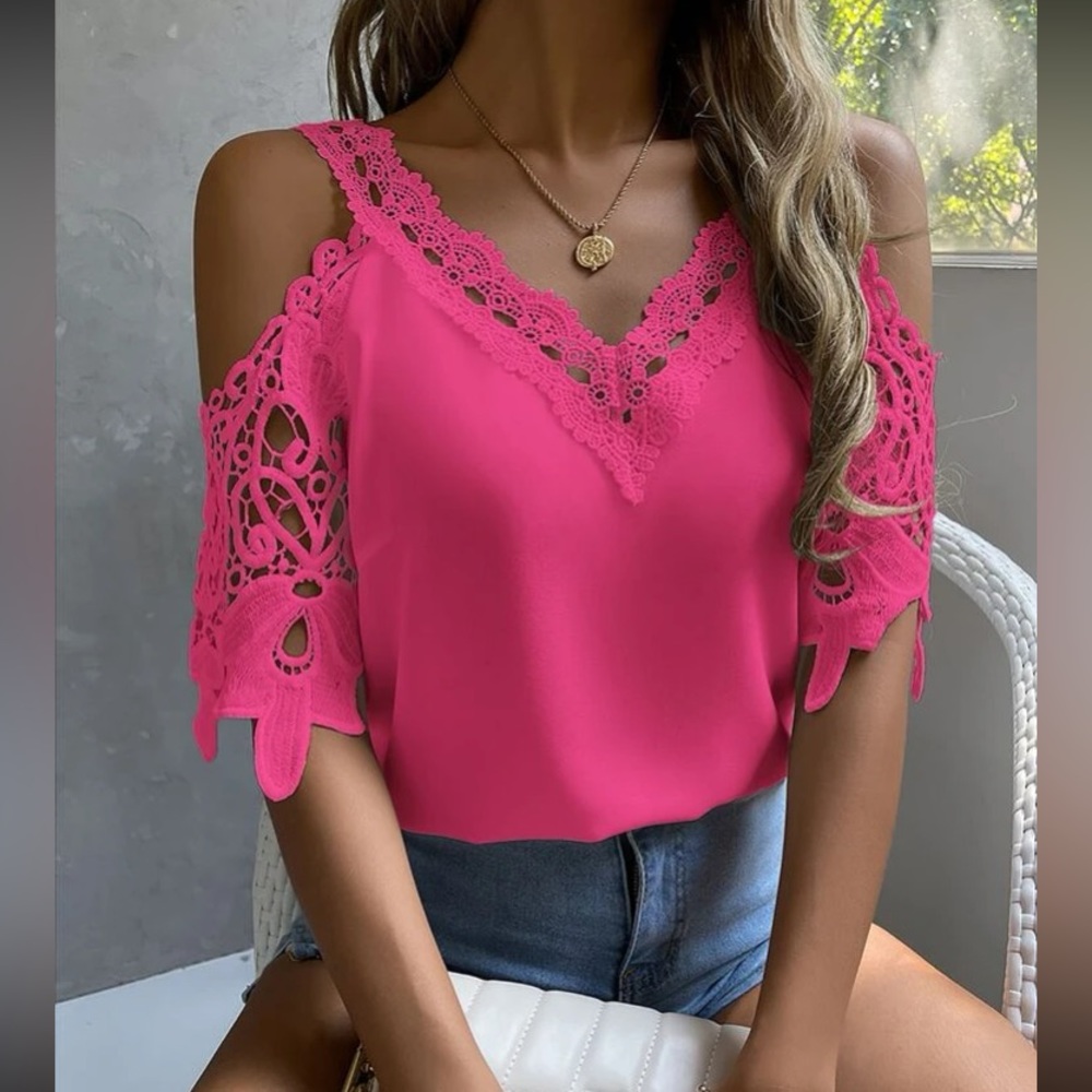 New!! Boho hot pink lace cold shoulder top